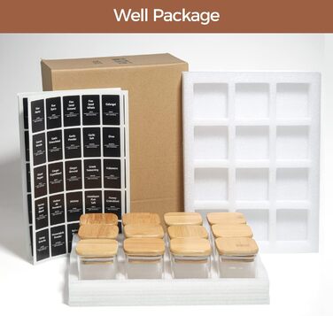 Набір скляних баночок для спецій ComSaf 120 мл (12 шт.) з етикетками, дерев'яними кришками та щільним закриттям