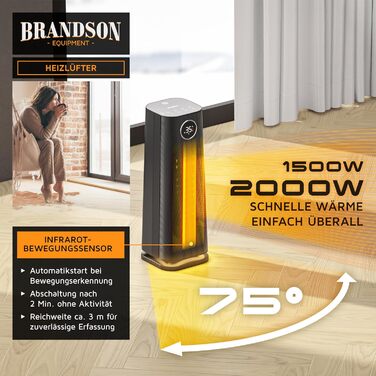 Електричний обігрівач Brandson з пульт дистанційного керування, 2000 Вт, ECO режим, осциляція, захист від дітей, таймер, LED-підсвічування, для ванної, вітальні, офісу, дитячої кімнати