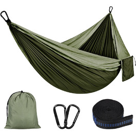 Гамак для відпочинку на природі та кемпінгу: міцний, ультралегкий, для одного або двох, 300 кг, 200 x 300 см, нейлон, зелений (хакі)