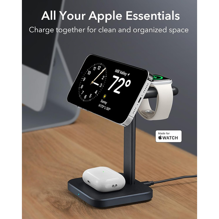 Зарядний станція 3-в-1 ESR MagSafe для Apple Watch та iPhone, білий/чорний, сумісна з iPhone 17/16/15/14/13/12, Apple Watch 9/8/7/6/5/4/3/2/SE та AirPods 4/3/2/Pro
