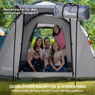Outsunny 5-Person Tent - Tunnel Tent with Bedroom, Carry Bag, 2000mm Water Column, Mesh Windows, Grey | Aosom