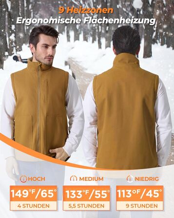 Електрична гріюча жилетка для чоловіків з Powerbank 16000mAh, 7,4V, 9 зон обігріву, канвас, фліс, регулювання температури, khaki XXL