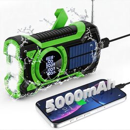 Радіо на сонячній батареї та ручному приводі Gemmac 5000mAh з Bluetooth, USB AM/FM, Power Bank, SOS-сигналом, ліхтариком – для кемпінгу та виживання (Зелений)