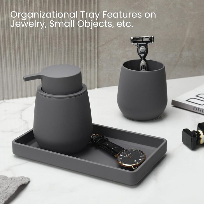 Сучасний набір для ванної кімнати AJEUNGAIN сірого кольору: мильниця, стакан для зубної пасти, піднос. 3 предмети.