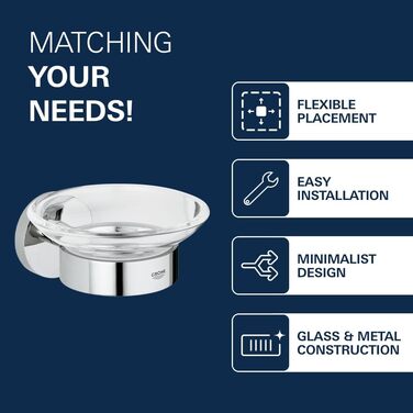Тримач для мильниці GROHE Essentials, скло та метал, приховане кріплення, круглий, хром, 40444001