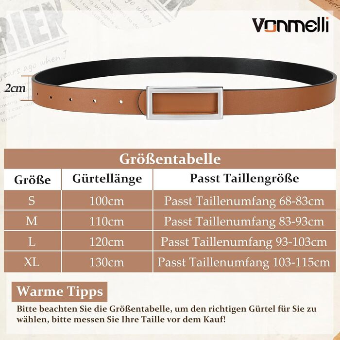 Жіночий ремінь VONMELLI вузький шкіряний, з золотою пряжкою, чорний/коричневий (срібна пряжка), 120 см (93-103 см талія)