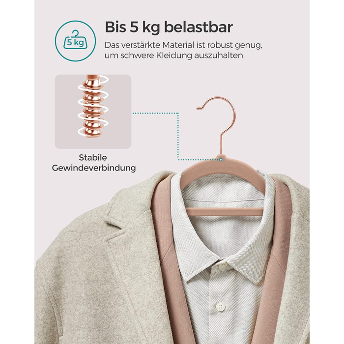 Плечики SONGMICS для одягу, велюрові, набір 50 шт., антиковзаючі, для краваток, 360° обертання, тонкі, економія місця, 43,5 см, для пальто, штани, срібно-білі