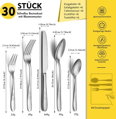 Набір столових приборів EIUBUIE з нержавіючої сталі 30 предметів, з квітковим малюнком, полірований, для 6 осіб, для дому та вечірок, можна мити в посудомийній машині