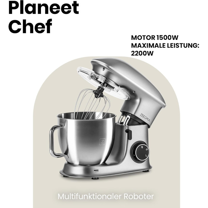 Кухонна машина ZEEGMA Planeet Chef: потужний міксер з чашею 6.5 л, 2200W, 7 швидкостей, для тіста та інших продуктів