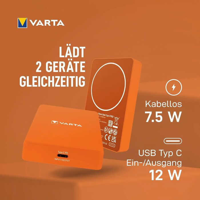 Повербанк VARTA Power Bank Energy 10000 mAh, 20W, USB-C та USB-A, Li-Polymer, з функцією Pass-Through, зарядка до 3 пристроїв одночасно, LED-індикація, помаранчевий