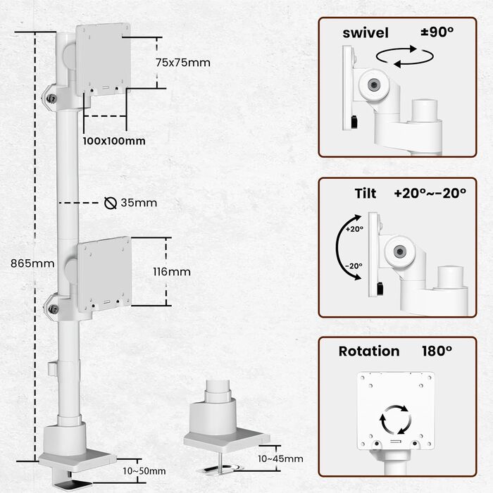 Кріплення для моніторів Halterung - 2 шт. один над одним, для моніторів 24-57 дюймів (плоских та вигнутих), вантажопідйомність 2-27 кг на кріплення, регулювання висоти, 2 варіанти монтажу/VESA 75/100 мм (білий)