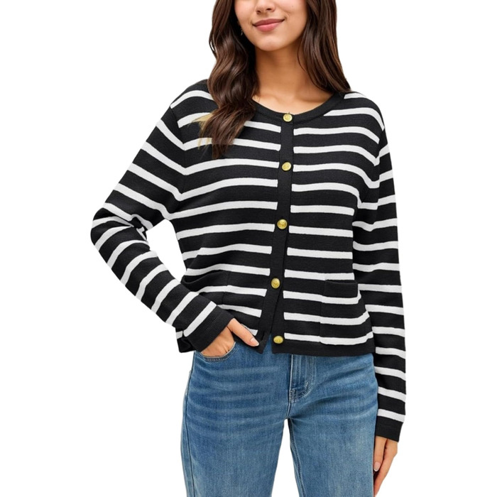 Жіноча коротка в'язана куртка з двома кишенями на ґудзиках, смугастий пуловер, стильна осіння кардиган, круглий виріз, модна в'язана кофта XL чорного кольору