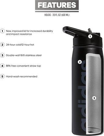 adidas 18/8 Stainless Steel Straw Top Metal Water Bottle, Black/Onix, 600 ml (20 oz)