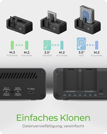 ICY BOX Док-станція для HDD/SSD USB 3.2 Gen 2 (10 Gbit/s) - Клонування жорстких дисків, підтримка 2.5' та 3.5' SATA, M.2 NVMe