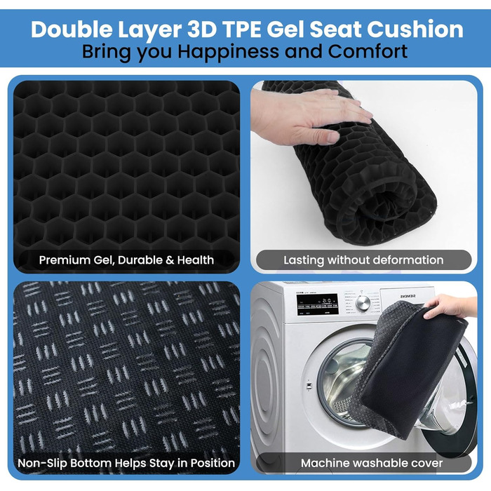 Гелевий ортопедичний подушка для сидіння з антиковзким покриттям, 43x39x4 см, чорний - для офісного крісла