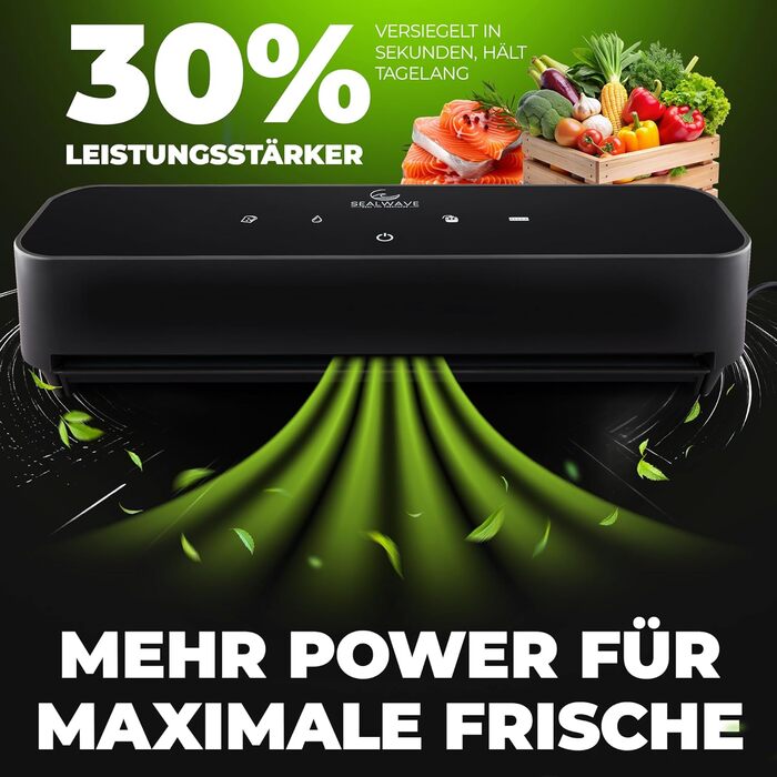 Вакуумний пакувальник SEALWAVE для продуктів харчування: потужний, широкий зварювальний шов, тихий та ефективний, універсальний (для вологих та сухих продуктів), легке очищення, з 10 безкоштовними пакетами