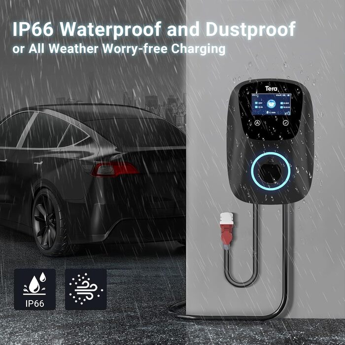 Володіння Tera EV: Смарт-зарядний пристрій 22kW/11kW з App, Typ 2, 400V, Wallbox, 7м кабель, CEE 3-фазний, для електромобілів та PHEV
