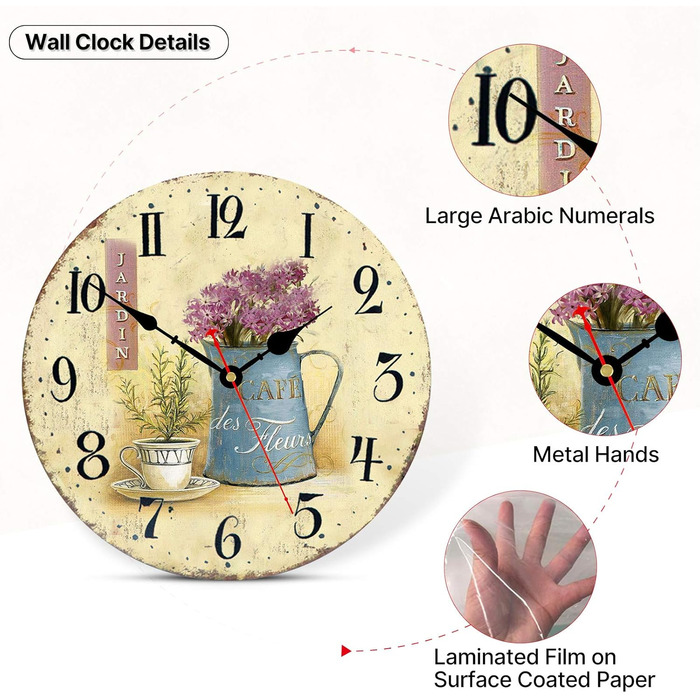 Toudorp Wooden Wall Clock 14 Inch Arabic Numerals Easy to Read Silent Wall Clock Retro Battery Operated Cafe and Flower Pattern Decorative Wall Clock for Bedroom, Living Room, Dining Room