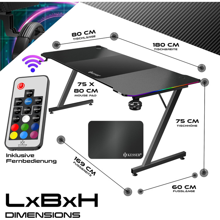 Ігровий стіл KESSER Gaming 180x80 см, Z-подібний ергономічний комп'ютерний стіл з карбоновим покриттям, підсвіткою LED, підставкою для напоїв та гачком для навушників, чорний