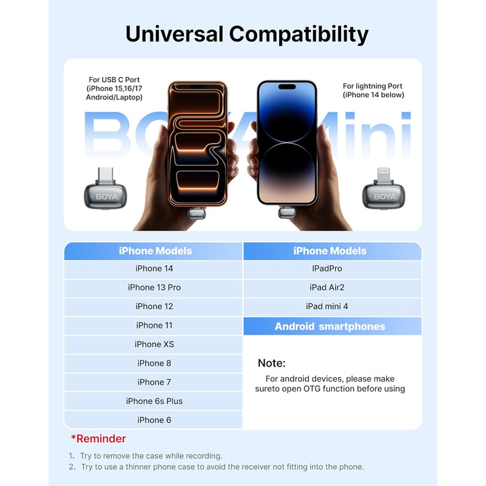 BOYA MINI 2: Портативний мікрофон з USB-C, 48kHz/24Bit, 100м, 30год, для iPhone, Android, Vlogging, YouTube, інтерв'ю (Space Silver)