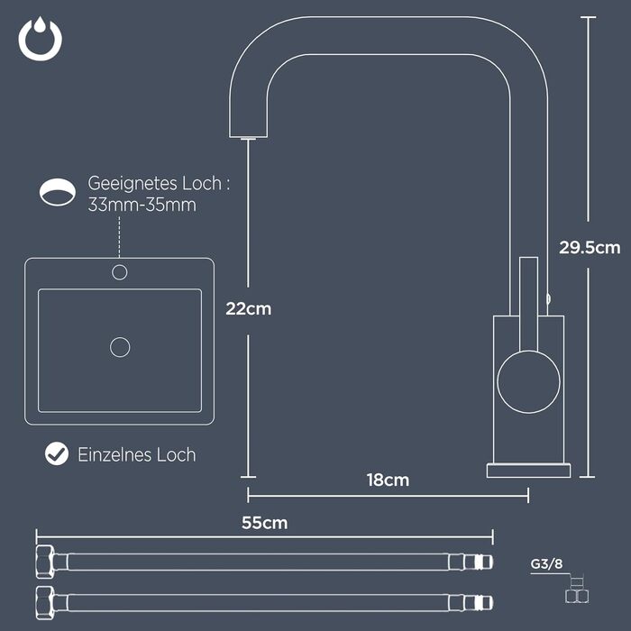 Змішувач для кухні FORIOUS з поворотним гусаком 360°, однорідний, з нержавіючої сталі, для встановлення в 1 отвір