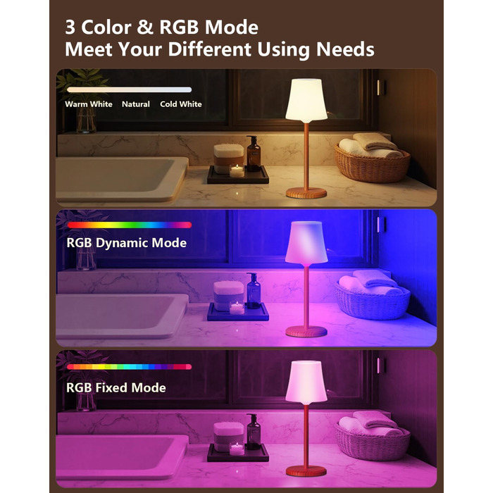 Настільна лампа бездротова LED 2 шт, акумуляторна, з регулюванням кольору та яскравості, сенсорне управління, водонепроникна IP54 для спальні, вітальні, балкону