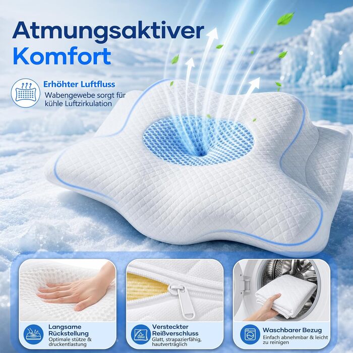 Ергономічна ортопедична подушка для шиї та голови з ефектом пам'яті (Memory Foam) 2-в-1, для сну на боці, спині та животі, зі знімним чохлом, 62 x 39 x 11/13 см, біла