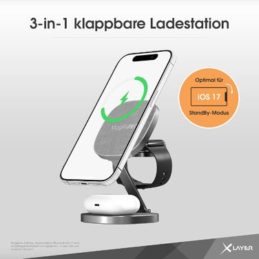 XLayer MagFix Pro 3 в 1 Зарядна станція MagSafe для iPhone 16/15/14/13/12, Apple Watch 5/6/7/8/9/SE/Ultra, бездротова, магнітна, складна, з підставкою