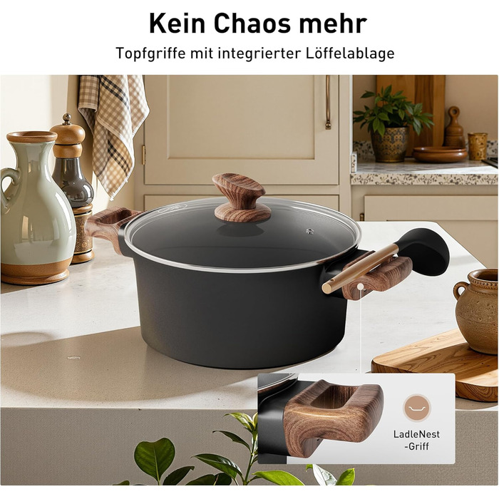 Набір кухонного посуду Kitchen Academy з антипригарним покриттям для індукції, 10 предметів: каструлі та сковороди з керамічним покриттям та скляними кришками