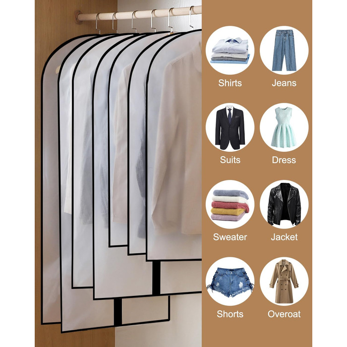 16 чорних мішків для одягу з блискавкою, 60 x 120/100/80 см. Захисні мішки для одягу, костюмів, пальто, суконь, сорочок. Організація та зберігання одягу.