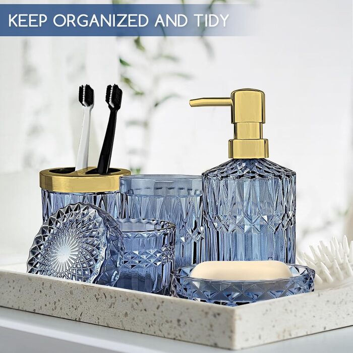 Набір для ванної кімнати скляний 5 предметів Lotionspender синій - розкішний органайзер для ванної (мильниця, стаканчик, тримач для зубних щіток)