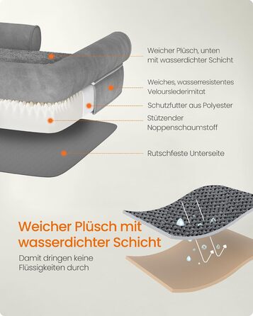 Ортопедичне ліжко для собак Feandrea, м'яке, з високими бортиками, 112x86x18 см, сірий колір, знімний чохол