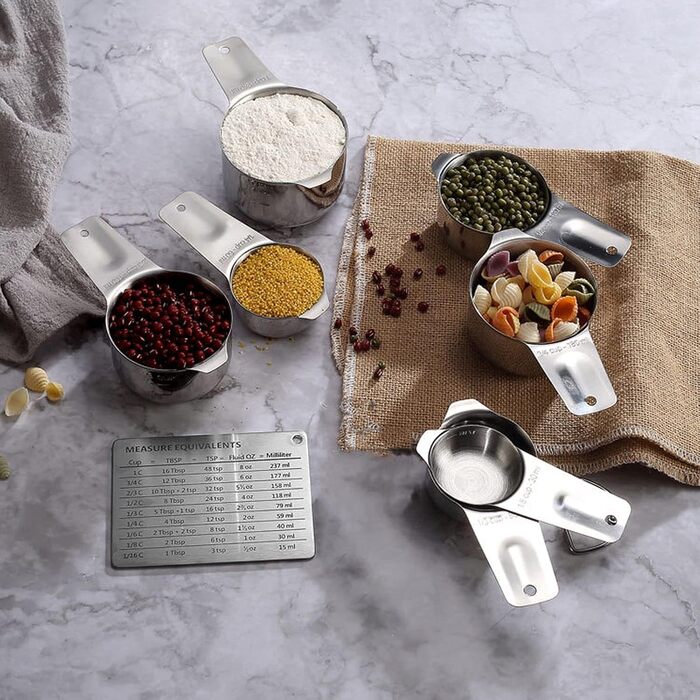 Uadme Measuring Spoon Measuring Cup Set, 7-Piece Stainless Steel Measuring Cup Set Stackable Measuring Spoons with D-Rings for Measuring Dry and Liquid Ingredients
