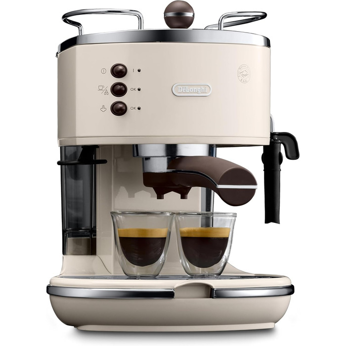 Кавомашина еспресо De'Longhi Icona Vintage ECOV 311.BG – ретро дизайн, ручний капучинатор, для кави та ESE Pads, об'єм 1,4 л, бежевий колір