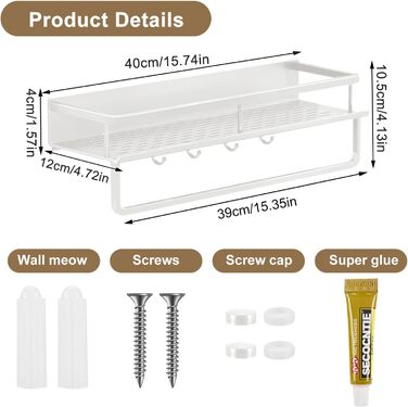 Поличка для душу Devesanter без свердління, 2 шт. з тримачем для рушників та 6 гачками. Органайзер для ванної кімнати, спальні, кухні (40 см, білий)