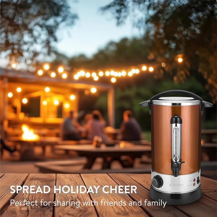 Navaris Mulled Wine Warmer/Hot Water Dispenser - Stainless Steel - with Thermostat, Fill Level Indicator, and Tap - Mulled Wine and Hot Beverage Dispenser (10 l, Copper)