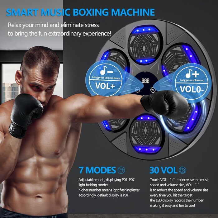 Bluetooth Music Boxing Machine with LED Lights - Wall Mounted Punching Bag with Boxing Gloves & 7 Modes