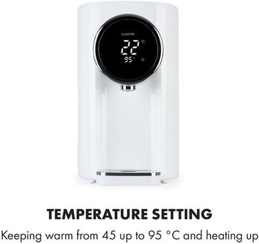 Klarstein Hot Spring Plus Hot Water Dispenser, Water Tank: 5 Liters, Large LCD Display, Temperatures: 45-95 °C, Stainless Steel Water Tank, Dry-Run & Overheat Protection, Child Lock, (White)