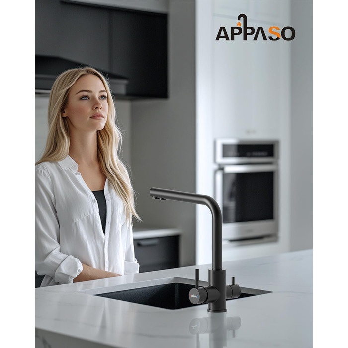 Чорний кухонний змішувач Appaso з висувною лійкою, 360° обертання, 2 режими струменя, для кухні | Нержавіюча сталь