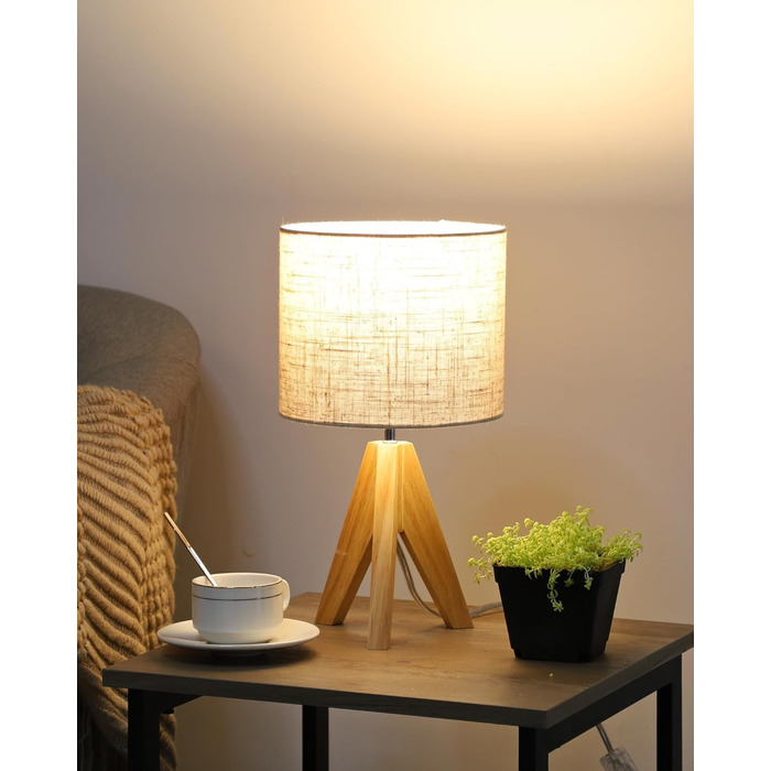 Настільна лампа EDISHINE з дерева, Е27, вінтажний стиль, бежевий абажур з льону, для спальні та вітальні