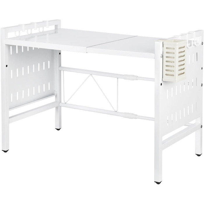 Поличка для мікрохвильової печі 3-ярусна з гачками, розширювана, висувна, 40-64 см, з вуглецевої сталі (біла з перфорованим листком, 42-68*36*46 см)