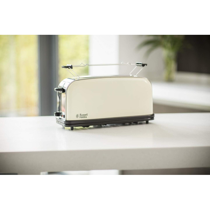 Тостер Russell Hobbs Colours+ з широким слотом, 2 скибки, нержавіюча сталь, кремовий, 1000 Вт, підставка для булочок, 6 режимів підсмажування, функція розморожування