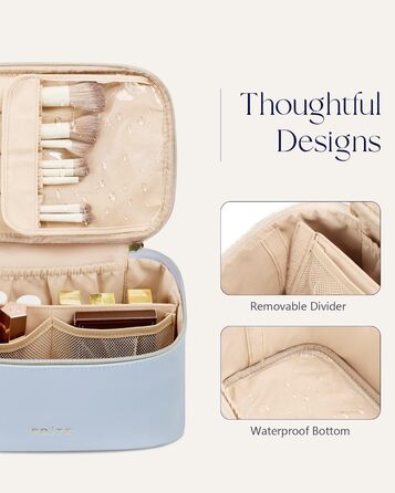 Велика косметичка для жінок, дорожня косметичка з водонепроникної шкіри, косметичний мішечок або сумочка для макіяжу з ручкою та знімним роздільником (Блакитна)