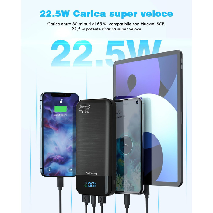 Power Bank PAIDASHU 27000mAh з LED дисплеєм та швидкою зарядкою 22.5W/PD20W, 3 виходи, 2 входи, USB-C, для смартфонів