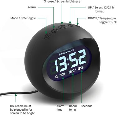 NEWGATE® Digital Centre of the Earth Clock (Black with black LCD display) Black With Black Lcd Display