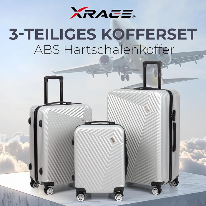 Набір валіз xRace 3 шт. ABS, 20/24/28 дюймів, ручна поклажа, TSA, 360° колеса, стійкий до ударів, преміум підкладка (Сріблястий)
