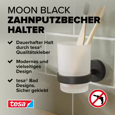Стакан для зубних щіток tesa Moon Black з матового скла з тримачем, чорний матовий, для ванної у стилі лофт та модерн, без свердління, клейке кріплення, 70x96x109 мм
