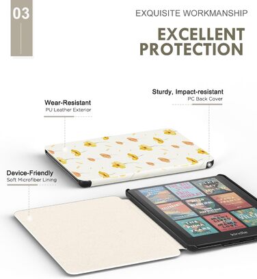 Чохол MoKo для Kindle Paperwhite 12th Gen (2024) та Kindle Colorsoft Signature Edition (2024), PU-захист, авто-сон/пробудження, PC-кришка, квітковий дизайн на білому тлі