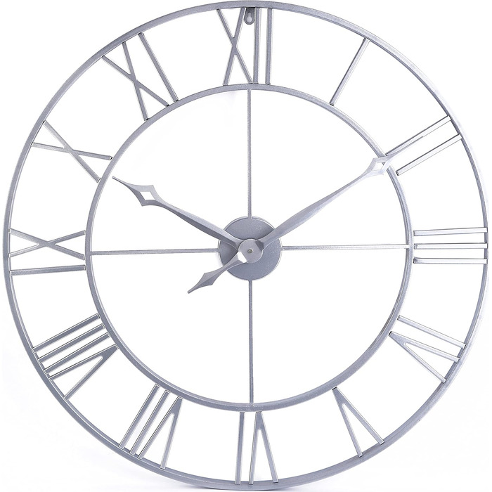 Samilito Large Wall Clock in Vintage Style, Round, Silent, Silver. Includes a FREE extra set of black clock hands. Metal clock for Loft, Living Room, Bedroom, and Kitchen decoration (Silver, 76 cm)