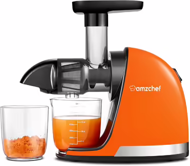 AMZCHEF Juicer - Vegetable and Fruit Test Winner - Slow Juicer with Reverse-Mastication Function - Gentle Crushing Without Filtering - Electric Juice Press with Brush and 2 Cups - Vibrant Orange
